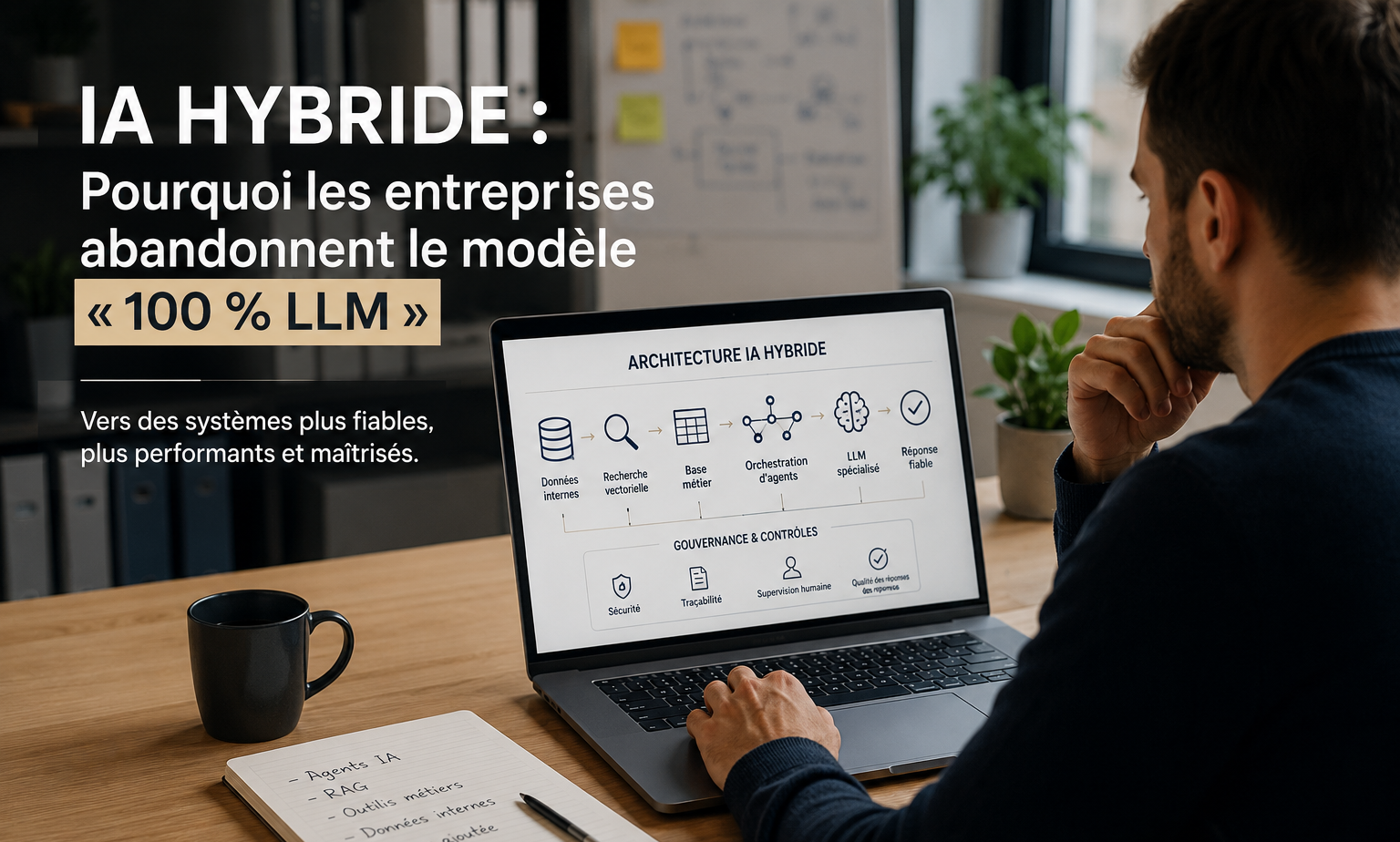 Schéma d'architecture IA hybride : données internes, recherche vectorielle, base métier, orchestration d'agents, LLM spécialisé.